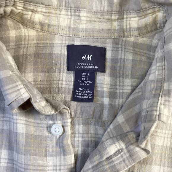 H&M Men’s Neutral Plaid Button Down Shirt Linen Cotton Blend Size S‎ - Picture 3 of 5